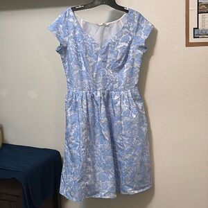eShakti women's white silver & blue flower dress, Sz 10 pockets, jacquard, NWOT
